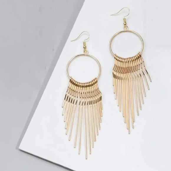 Gold Tassel Hoop Drop Long Statement Earrings - Picture 2 of 4